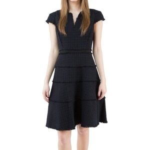 Rebecca Taylor Cap Sleeve Tiered Tweed Midi Dress Black V Neck Lined Office‎